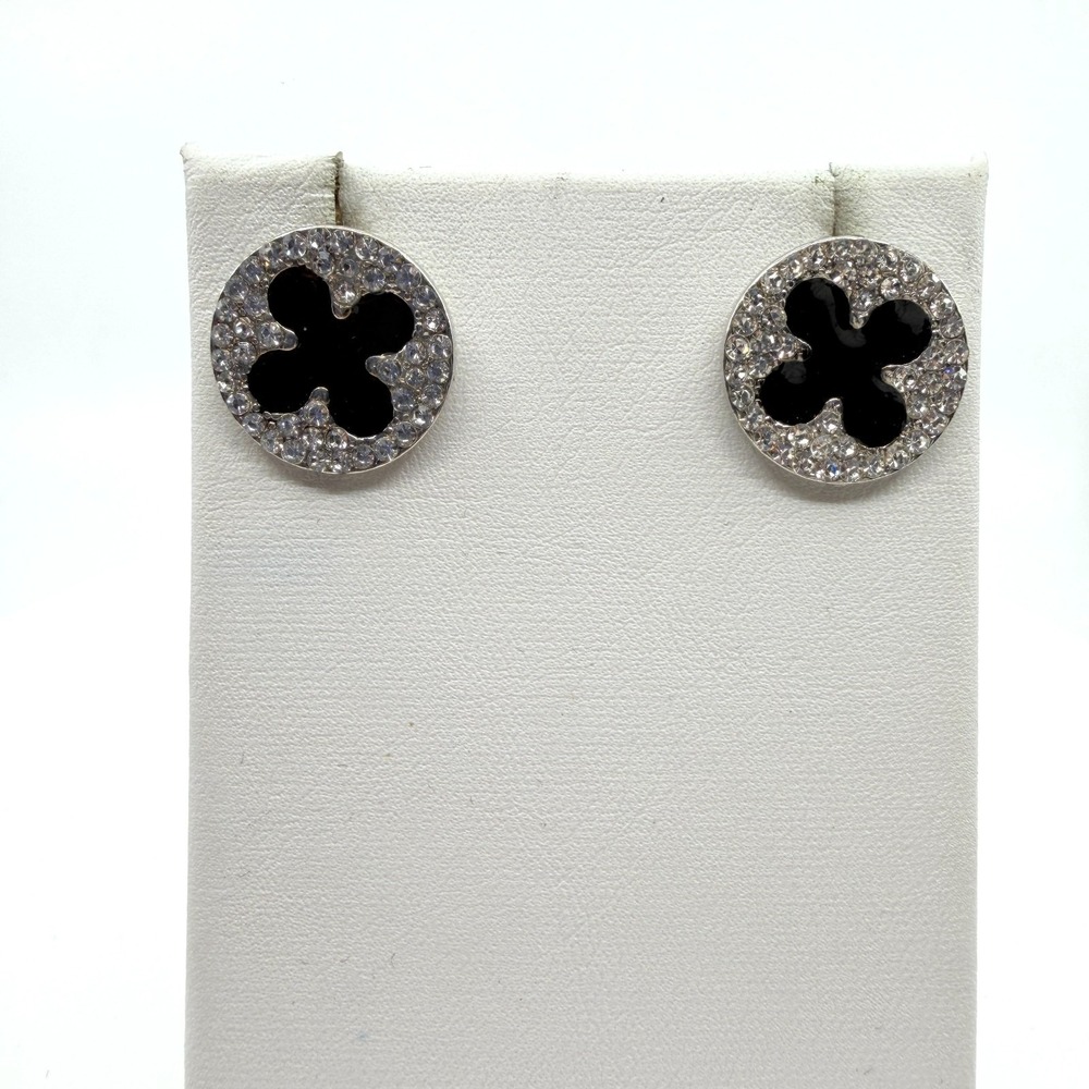 Vintage Y2K Silver Tone Rhinestone Black Enamel Clover Quatrefoil Stud Earrings